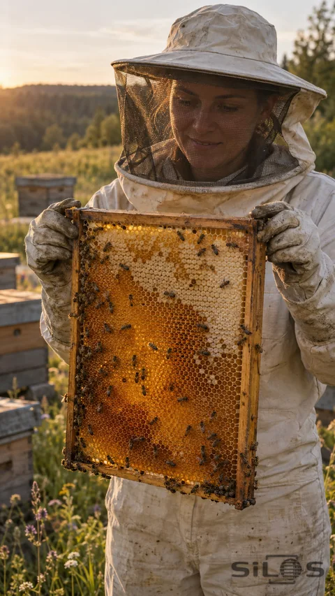 A beekeeper in a cream canvas suit and mesh veil holds a rectangular wooden honey frame with two gloved hands, with small bees on amber comb and wooden hives behind.