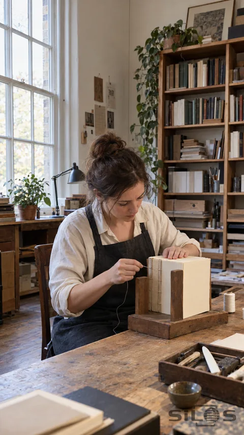An adult woman in a charcoal apron steadies a cream-paper book block on a wooden support while drawing a fine thread beside its spine, with a tall window and book shelves behind.