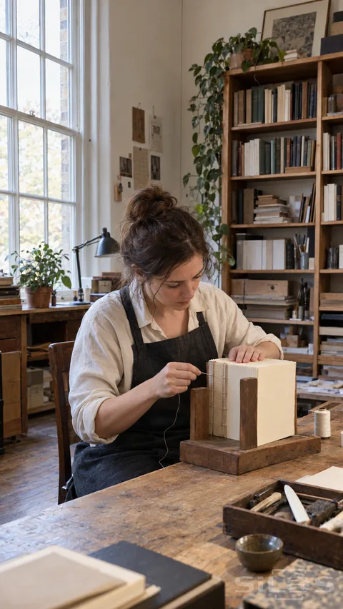 An adult woman in a charcoal apron steadies a cream-paper book block on a wooden support while drawing a fine thread beside its spine, with a tall window and book shelves behind.