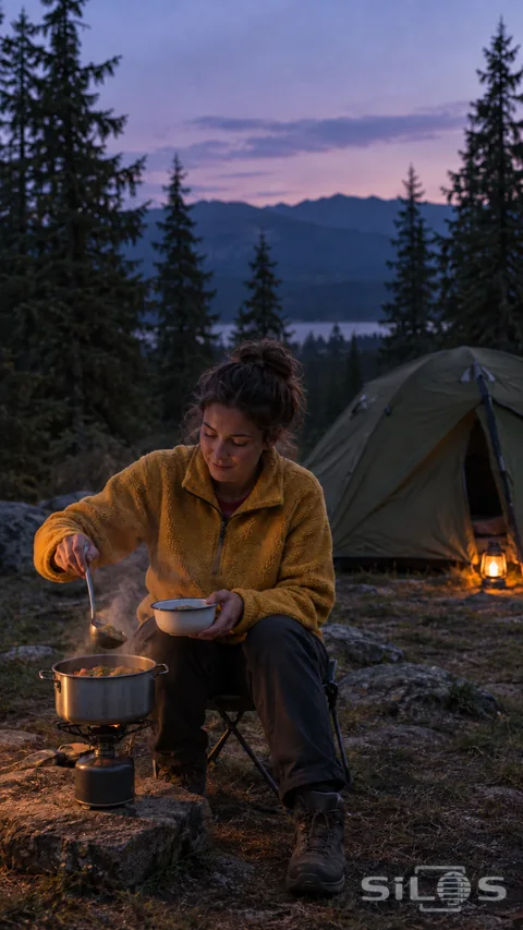 An adult camper in a yellow fleece sits beside a compact stove and steaming pot, holding a bowl and ladle with an olive tent and warm lantern behind at dusk.