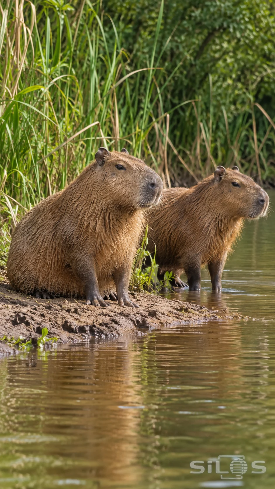 Two light-brown capybaras rest beside a muddy reed-lined riverbank, one sitting on the ledge and the other standing at the shallow water edge, with ripples below.