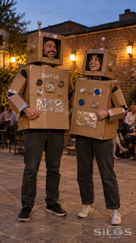 Two adults in taped cardboard robot costumes laugh together in a lamp-lit brick courtyard, with their faces visible through square headpieces and both pairs of shoes in view.