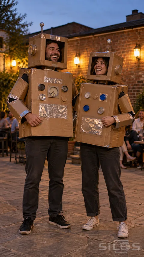 Two adults in taped cardboard robot costumes laugh together in a lamp-lit brick courtyard; with their faces visible through square headpieces and both pairs of shoes in view.