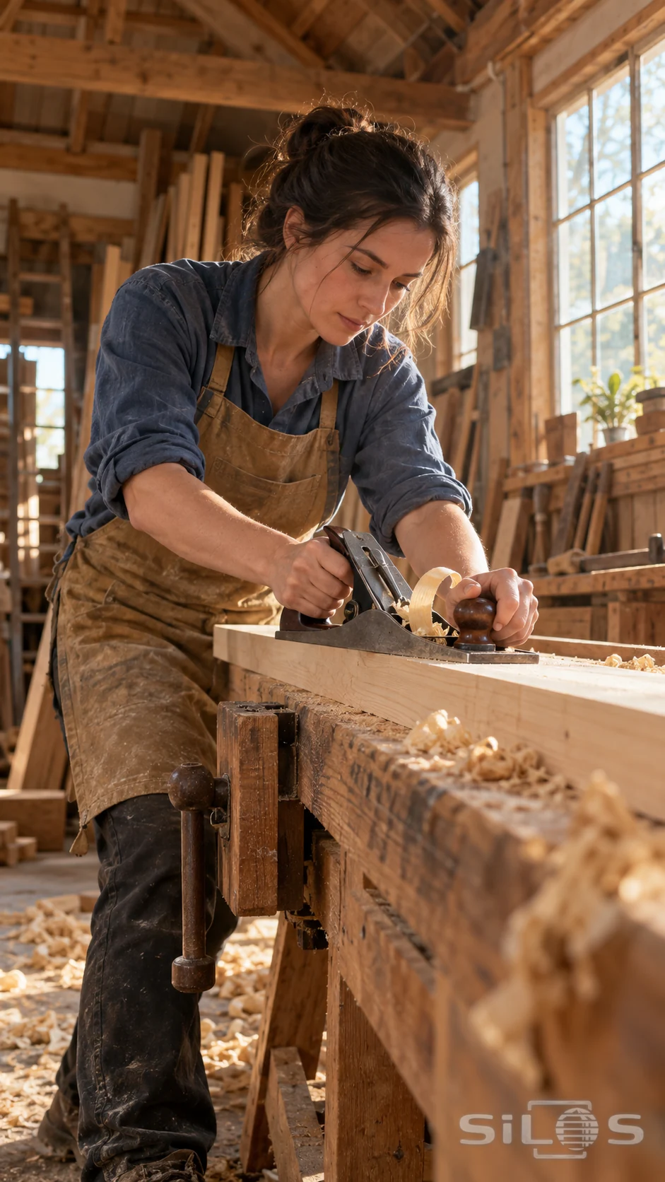 An adult woman in a dusty blue shirt and ochre apron grips the rear tote and front knob of a hand plane as a curled shaving rises from a pale plank on a worn wooden bench.