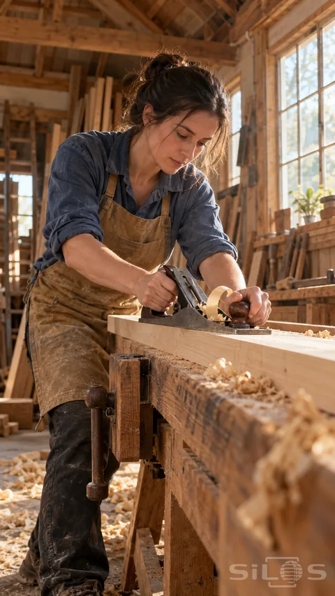An adult woman in a dusty blue shirt and ochre apron grips the rear tote and front knob of a hand plane as a curled shaving rises from a pale plank on a worn wooden bench.