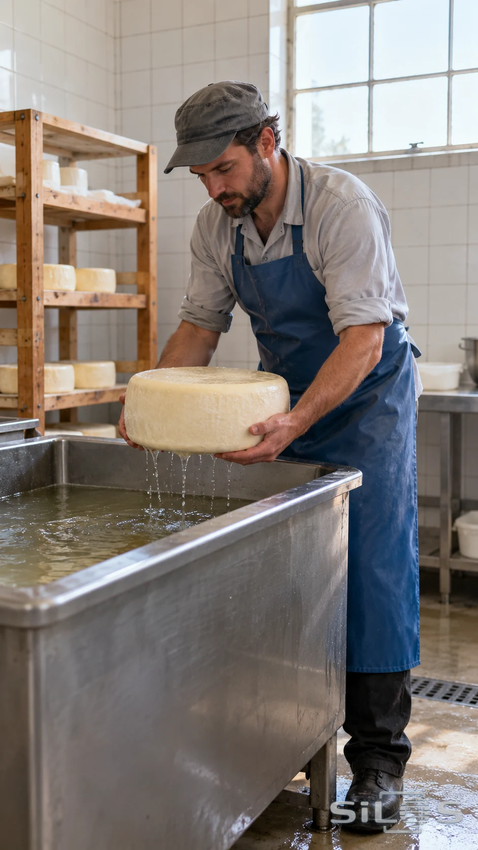 An adult man in a gray cap and blue apron lifts one pale cheese wheel with both hands above a stainless vat, with a few drips falling into the liquid and plain racks behind.