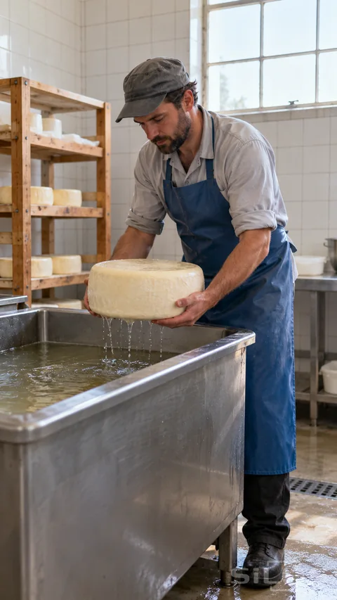 An adult man in a gray cap and blue apron lifts one pale cheese wheel with both hands above a stainless vat; with a few drips falling into the liquid and plain racks behind.