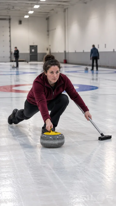 An adult woman in burgundy fleece crouches in a curling delivery beside a yellow-handled granite stone and a supported broom.