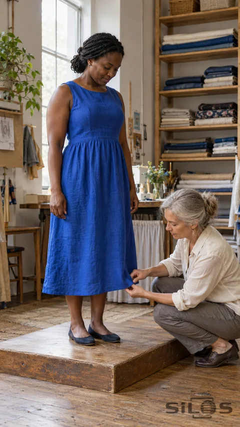 An adult woman stands in a cobalt-blue dress on a broad low wooden platform while an older dressmaker crouches beside her and folds a small section of the hem with both hands.