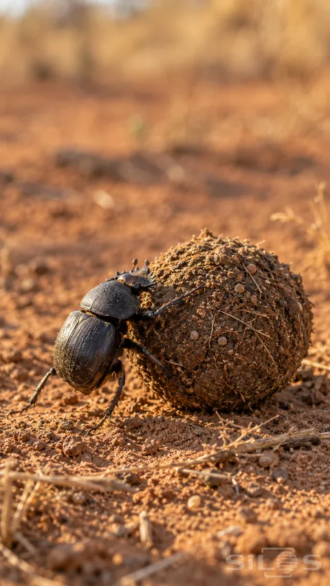 A dark dung beetle braces against a rough round dung ball on reddish sandy ground in warm side light.