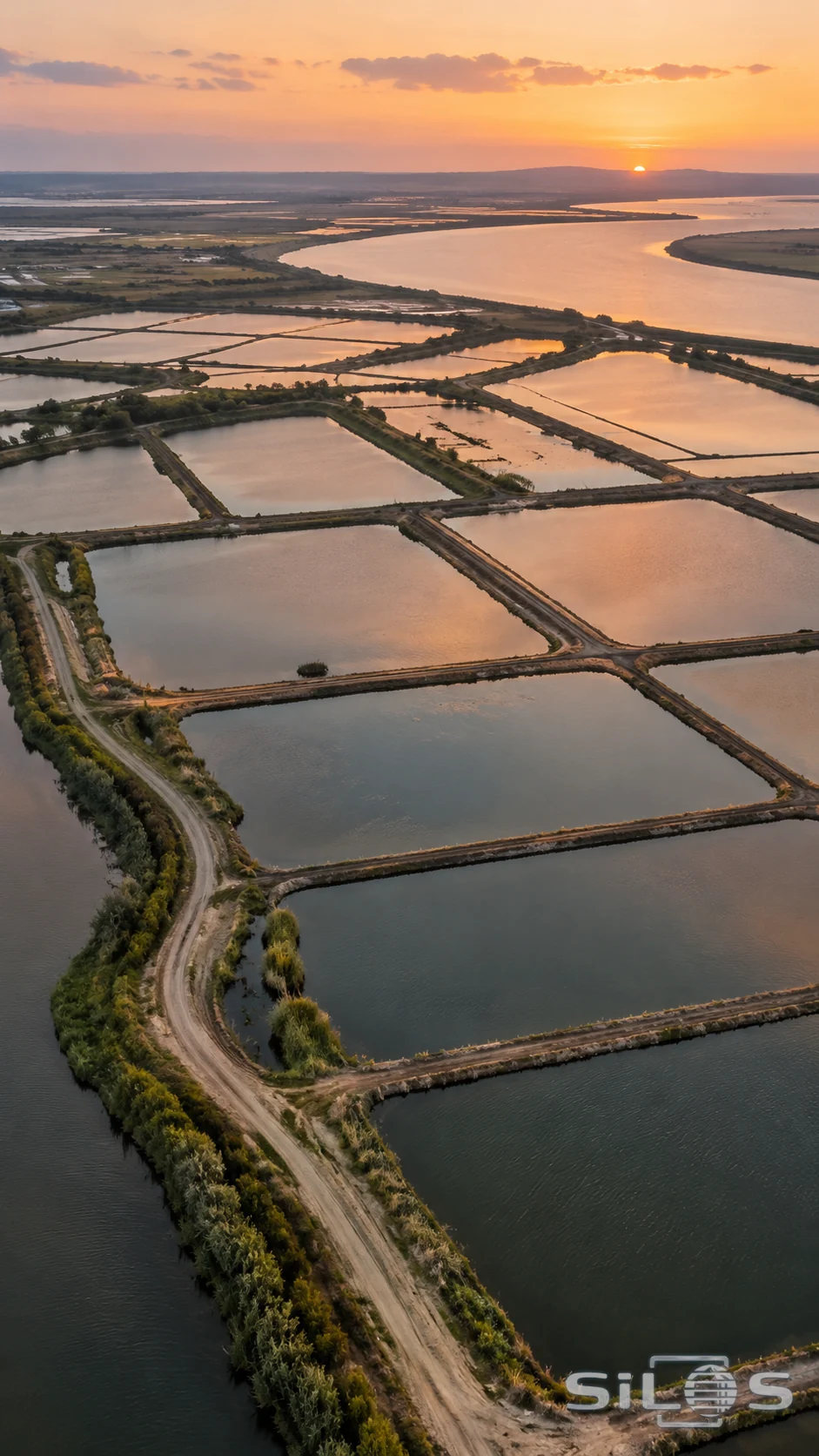 A high oblique view of rectangular earth-banked ponds and a curving dirt path beside a broad waterway, with soft amber sunset reflections across the water.