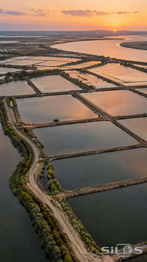 A high oblique view of rectangular earth-banked ponds and a curving dirt path beside a broad waterway, with soft amber sunset reflections across the water.