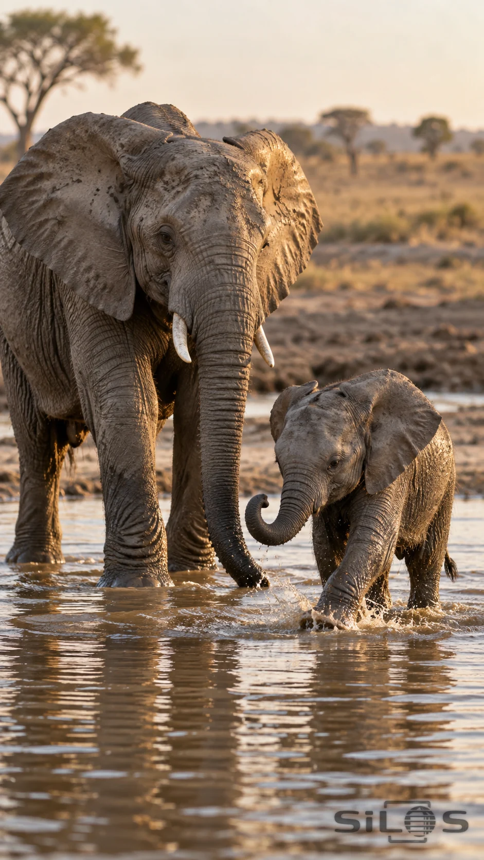 A small elephant calf steps through shallow water beside an adult elephant, with separate curled and lowered trunks, wet mud and sunlit ripples.