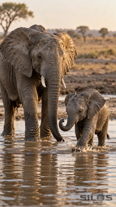 A small elephant calf steps through shallow water beside an adult elephant, with separate curled and lowered trunks, wet mud and sunlit ripples.