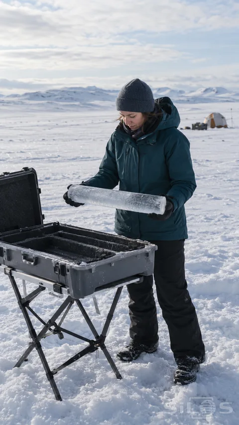 An adult woman in a teal parka and gray cap supports a translucent cylindrical ice sample with both gloved hands above an open padded case on a folding stand in snow.
