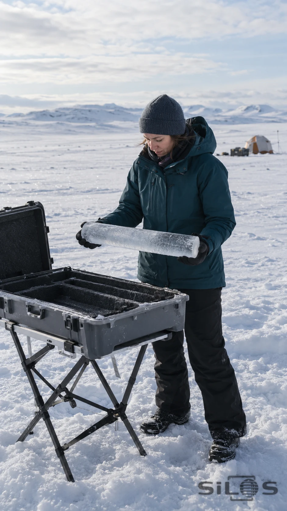 An adult woman in a teal parka and gray cap supports a translucent cylindrical ice sample with both gloved hands above an open padded case on a folding stand in snow.