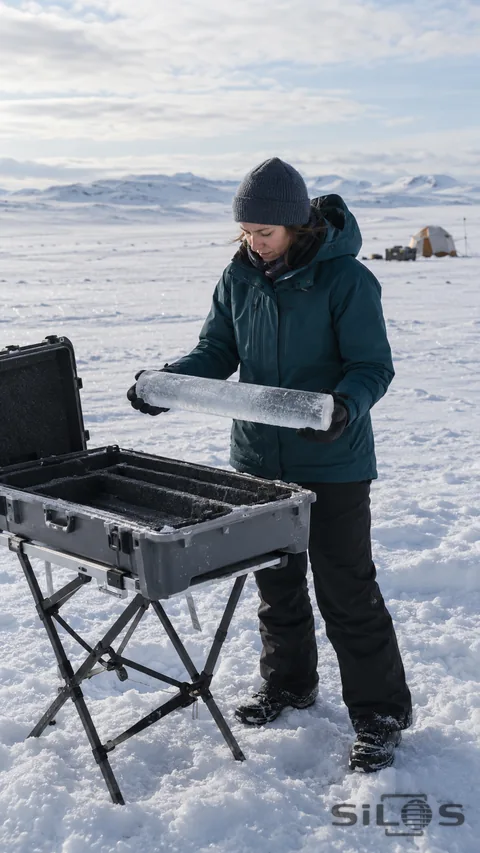 An adult woman in a teal parka and gray cap supports a translucent cylindrical ice sample with both gloved hands above an open padded case on a folding stand in snow.