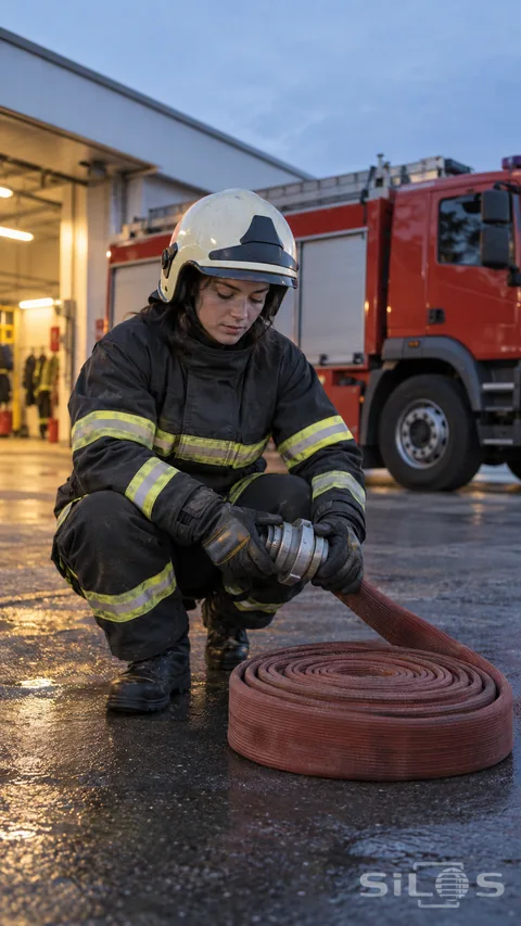 An adult woman firefighter in dark turnout clothing and a plain helmet crouches beside a coiled red-brown hose, holding its metal coupling with gloved hands near an unbranded red fire truck.