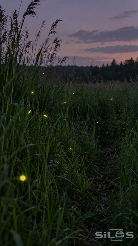 Sparse yellow-green firefly flashes and a few short trails hover among dark reed-meadow grasses below a quiet violet dusk sky.