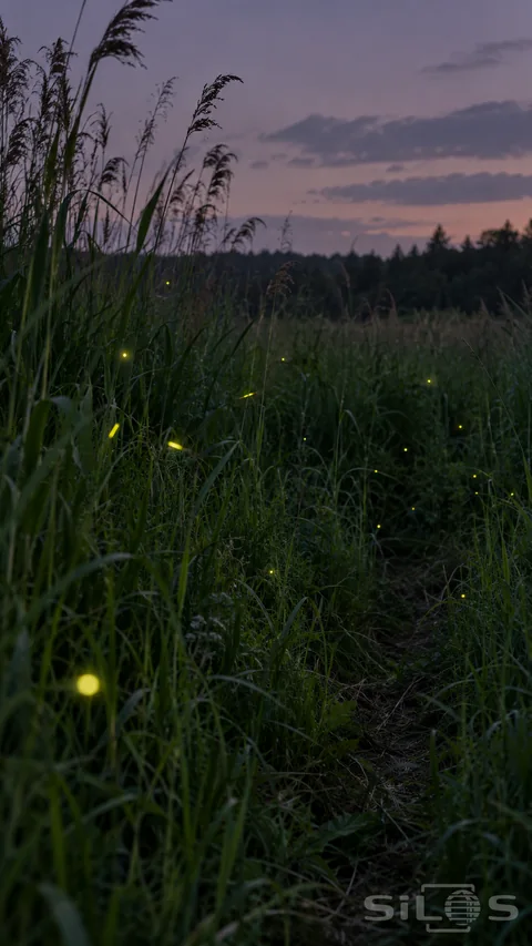Sparse yellow-green firefly flashes and a few short trails hover among dark reed-meadow grasses below a quiet violet dusk sky.