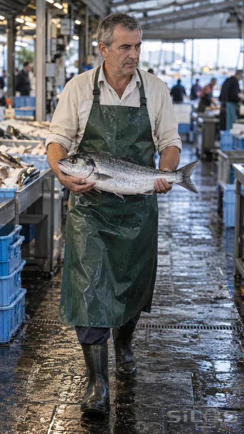 An adult man in a green waterproof apron carries one whole silver fish horizontally with both hands while stepping through a wet covered-market aisle lined with blue crates.
