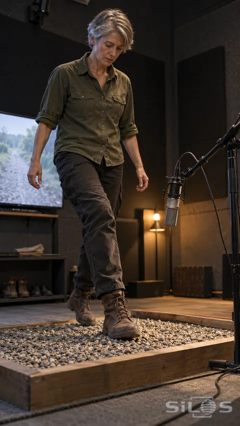An adult Foley performer in an olive shirt and brown boots steps in a shallow gravel tray beside a suspended microphone, inside a dark acoustic recording room.