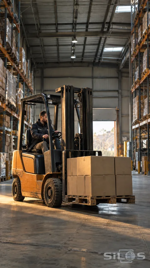 An adult operator sits inside an ochre forklift carrying a low wooden pallet of plain cardboard boxes between tall warehouse racks.