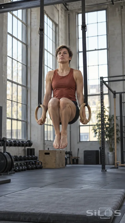 An adult woman in a rust training top and dark shorts supports her tucked body on two wooden gymnastic rings, with bare feet above a gray landing mat in a bright gym.