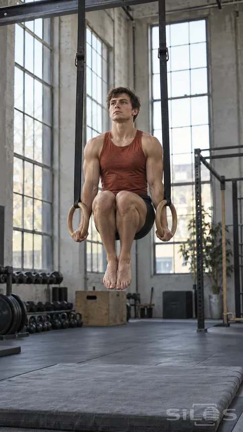 A muscular young man holds a controlled tuck on wooden rings above a gray landing mat in a tall window-lit gym.