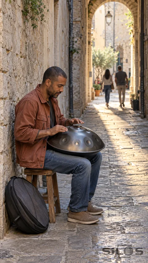 A seated street musician in a terracotta jacket taps a steel handpan beside a stone archway, with two adults walking softly out of focus beyond.