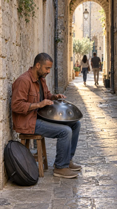 A seated street musician in a terracotta jacket taps a steel handpan beside a stone archway; with two adults walking softly out of focus beyond.