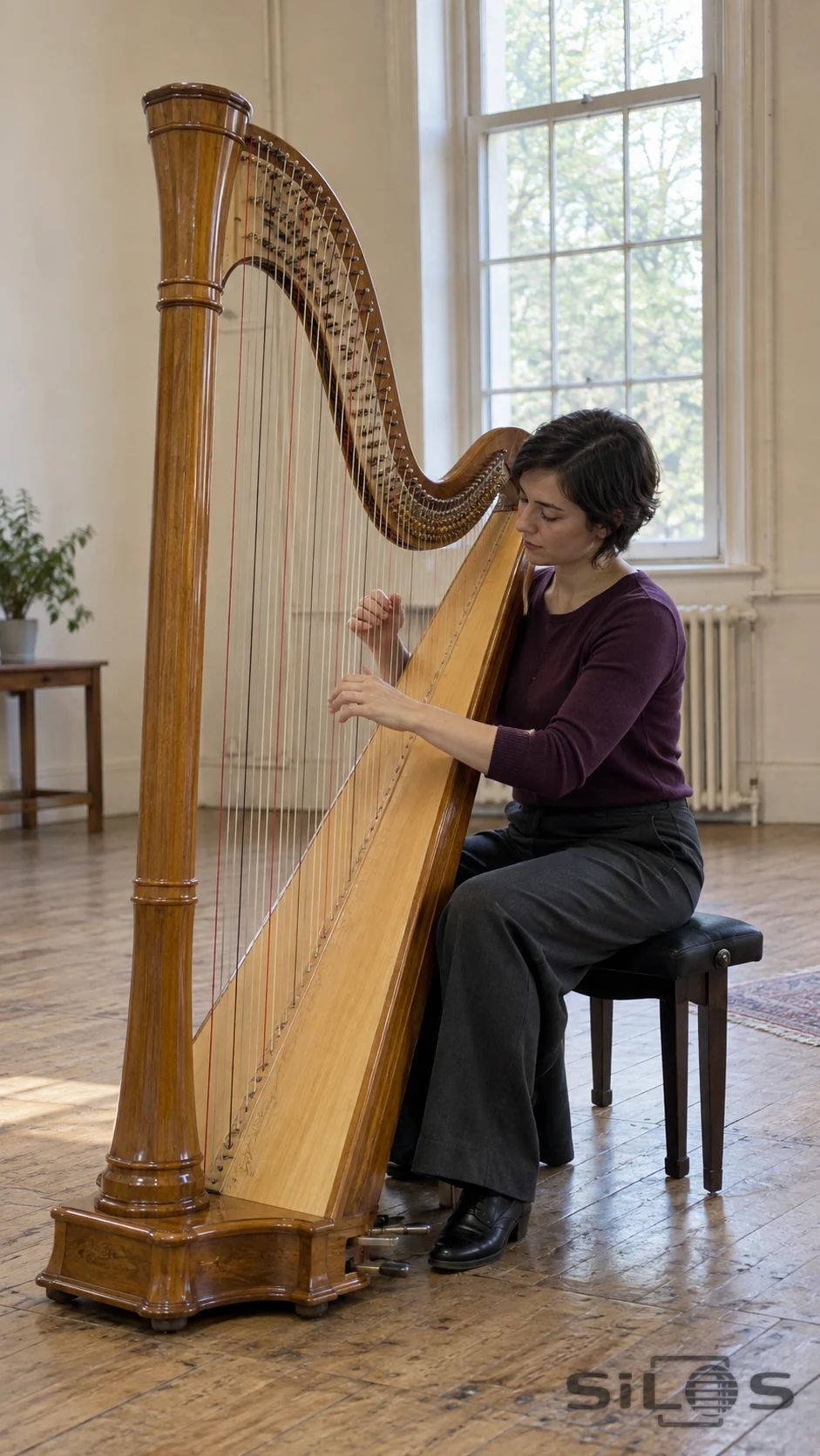 An adult woman in a plum shirt sits beside a tall wooden harp, with natural curved hands at different heights among its strings in a daylight-lit cream room.