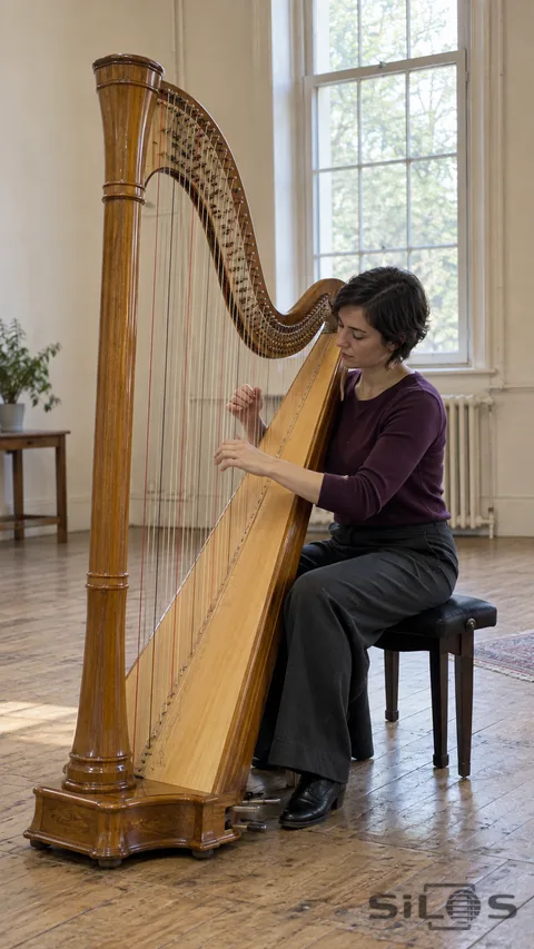 An adult woman in a plum shirt sits beside a tall wooden harp, with natural curved hands at different heights among its strings in a daylight-lit cream room.