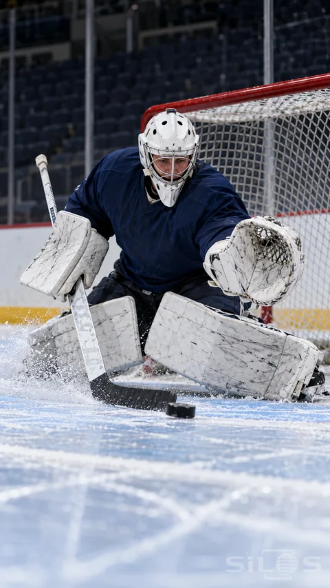 An adult ice hockey goaltender in navy and white gear makes a butterfly save in a blue crease; with a puck and ice spray before a red goal.