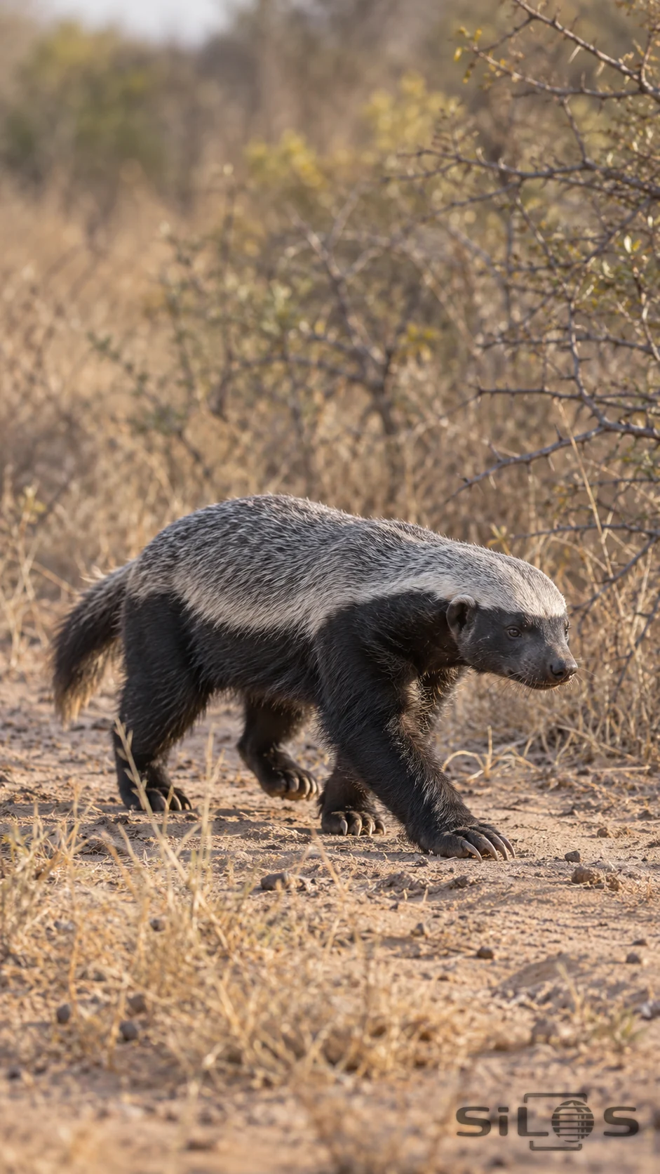 A honey badger with a pale mantle and coarse black legs walks across sandy dry scrub, with its short connected tail and foreclaws visible.
