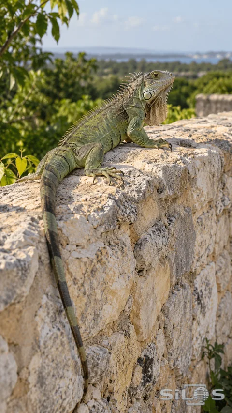 A green-toned iguana with a dorsal spine crest and long banded tail rests on a rough pale stone wall, with soft foliage behind.