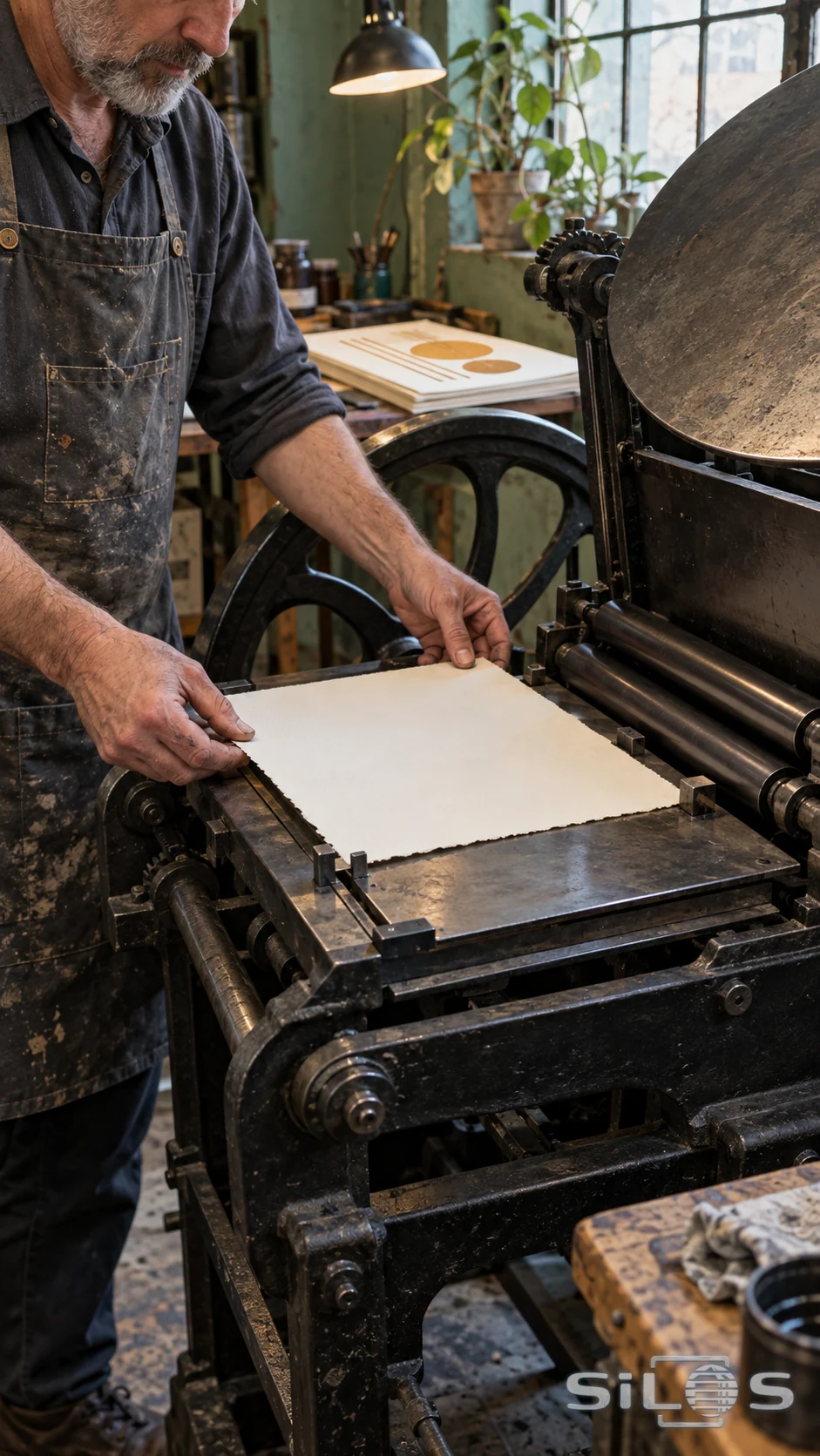 A printer’s two hands guide a sheet of ivory paper onto an open cast-iron letterpress, with ink rollers, a spoked wheel and an angled ink disc in a worn workshop.