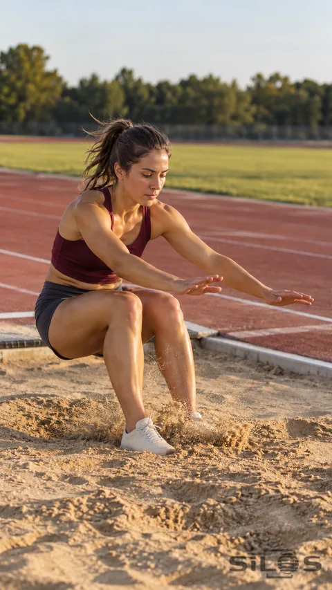 An adult woman in a burgundy sports top and gray shorts lands with bent knees in a pale sandpit, both arms reaching forward as sand scatters around her plain training shoes.