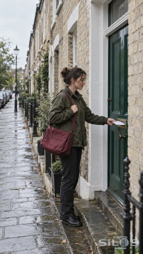 An adult woman in an olive jacket holds her burgundy satchel strap and places one white envelope into a brass slot on a green door along a wet brick-lined street.