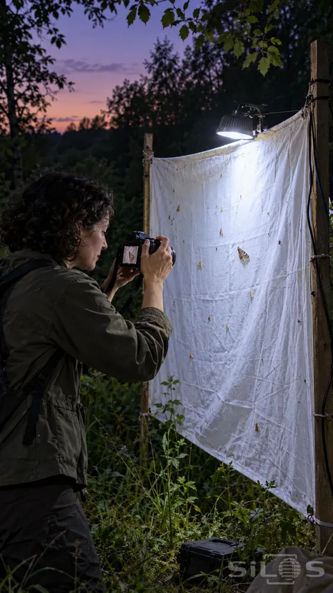 A field observer in an olive jacket photographs moths on a white illuminated survey sheet between wooden stakes at a forest edge at dusk.
