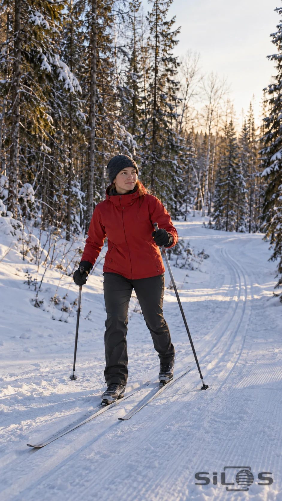 An adult woman in a plain red jacket and dark cap holds two poles while standing on two narrow cross-country skis, with snow grooves curving through tall winter trees behind.