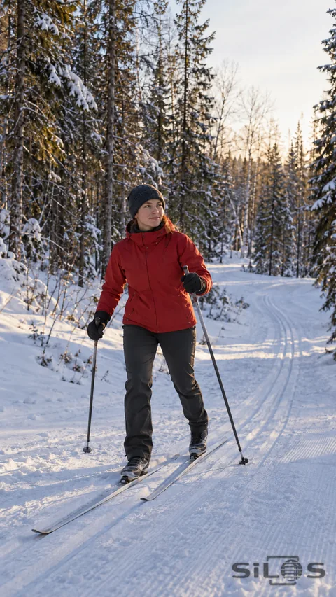 An adult woman in a plain red jacket and dark cap holds two poles while standing on two narrow cross-country skis, with snow grooves curving through tall winter trees behind.