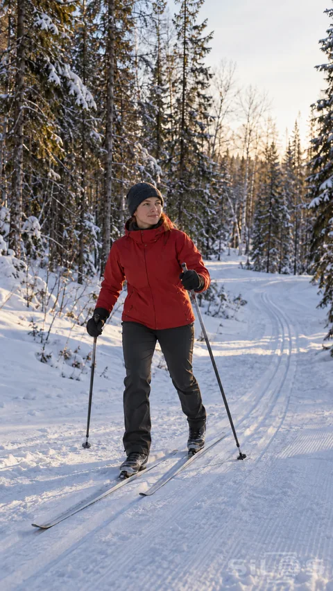An adult woman in a plain red jacket and dark cap holds two poles while standing on two narrow cross-country skis; with snow grooves curving through tall winter trees behind.