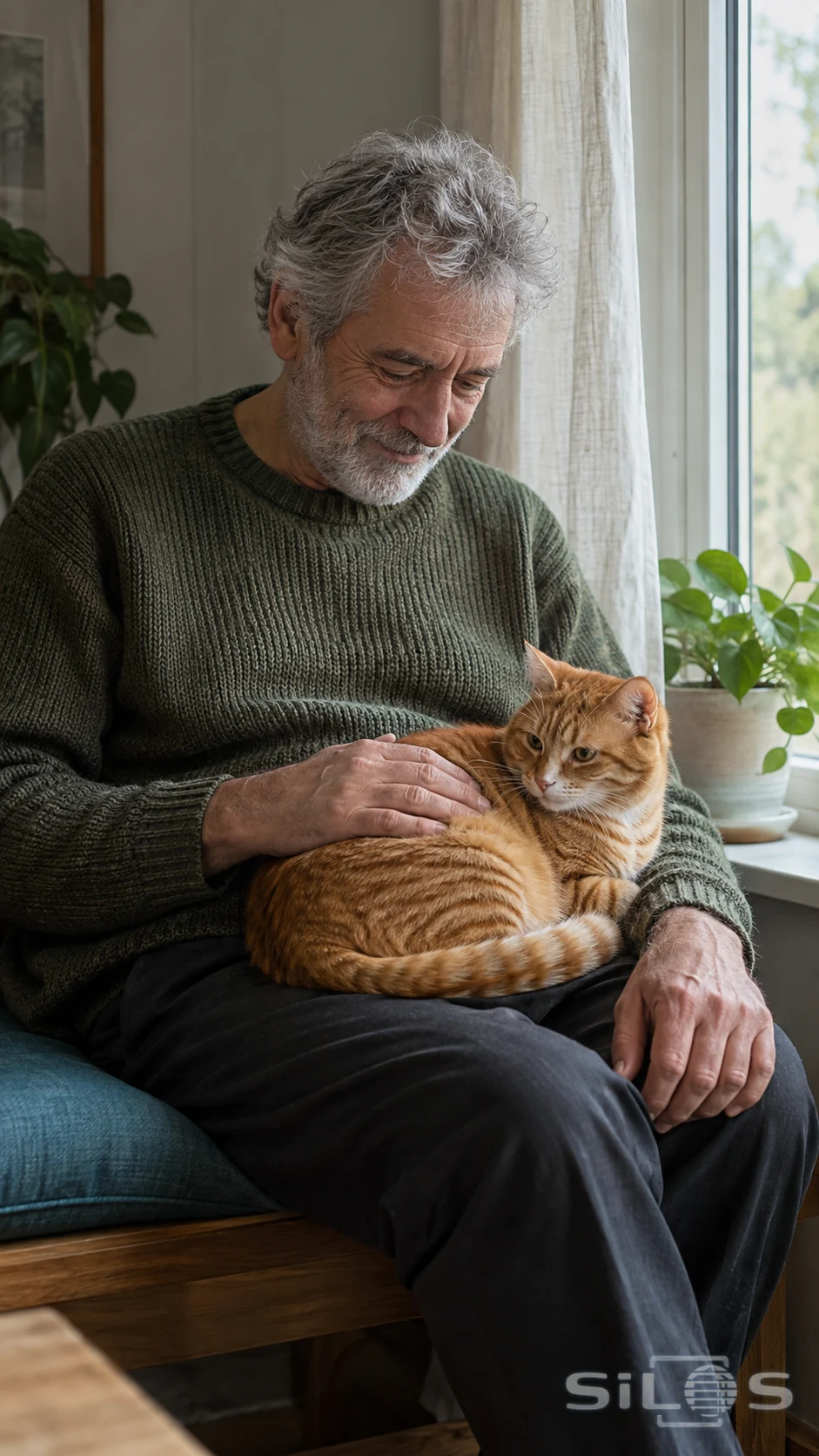 An older man in an olive knitted sweater sits beside a window with a ginger tabby curled on his lap, one hand resting on its back and the other on his knee.