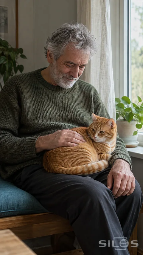 An older man in an olive knitted sweater sits beside a window with a ginger tabby curled on his lap, one hand resting on its back and the other on his knee.