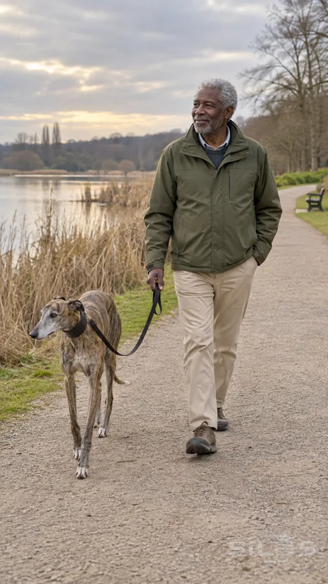 An older man in a moss-green jacket walks a brindle greyhound on a slack leash beside reeds and still water.
