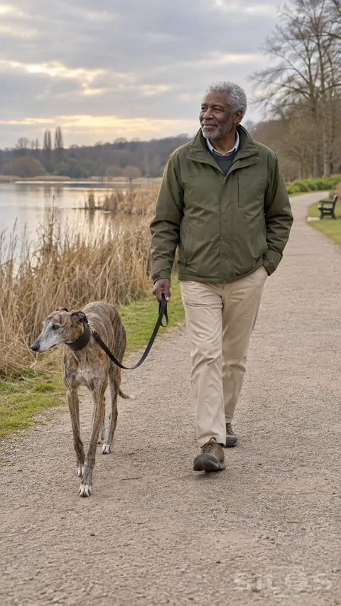 An older man in a moss-green jacket walks a brindle greyhound on a slack leash beside reeds and still water.