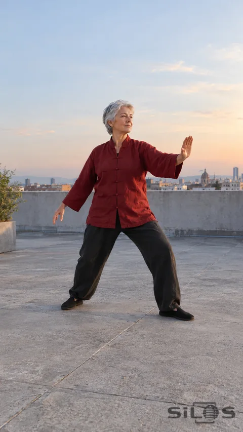 An older woman with silver hair in a deep-red loose jacket and charcoal trousers stands with softly bent knees and relaxed open hands on a rooftop terrace above a distant city skyline.