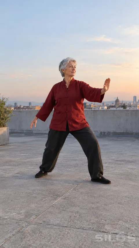 An older woman with silver hair in a deep-red loose jacket and charcoal trousers stands with softly bent knees and relaxed open hands on a rooftop terrace above a distant city skyline.