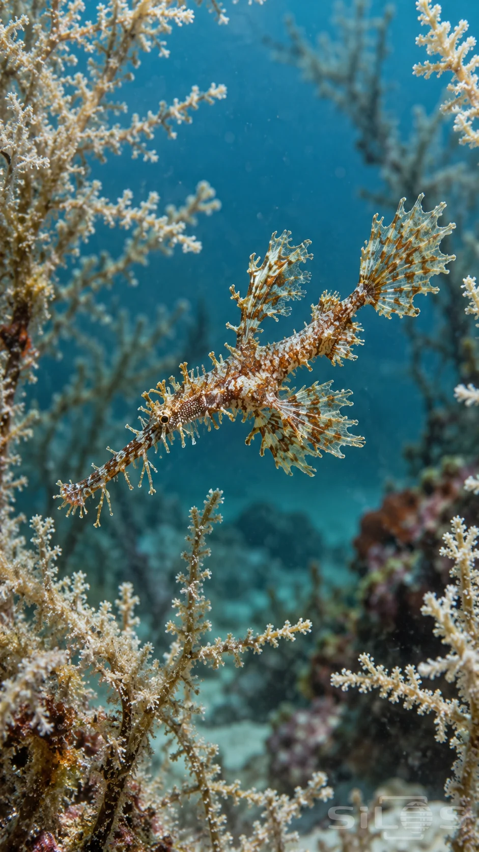 A whole mottled ornate ghostpipefish with a long tubular snout and deeply incised fins floats among branching reef growth in blue-green water.